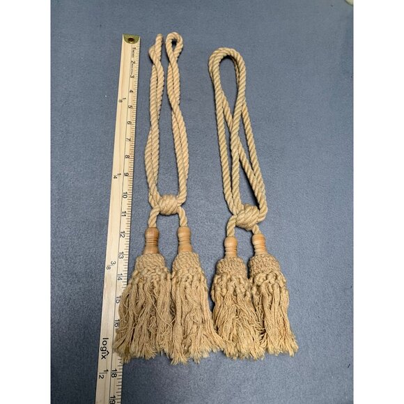 Vintage Beige Tassel Curtain Tiebacks with Wooden Accents Set of 2 - Picture 4 of 13